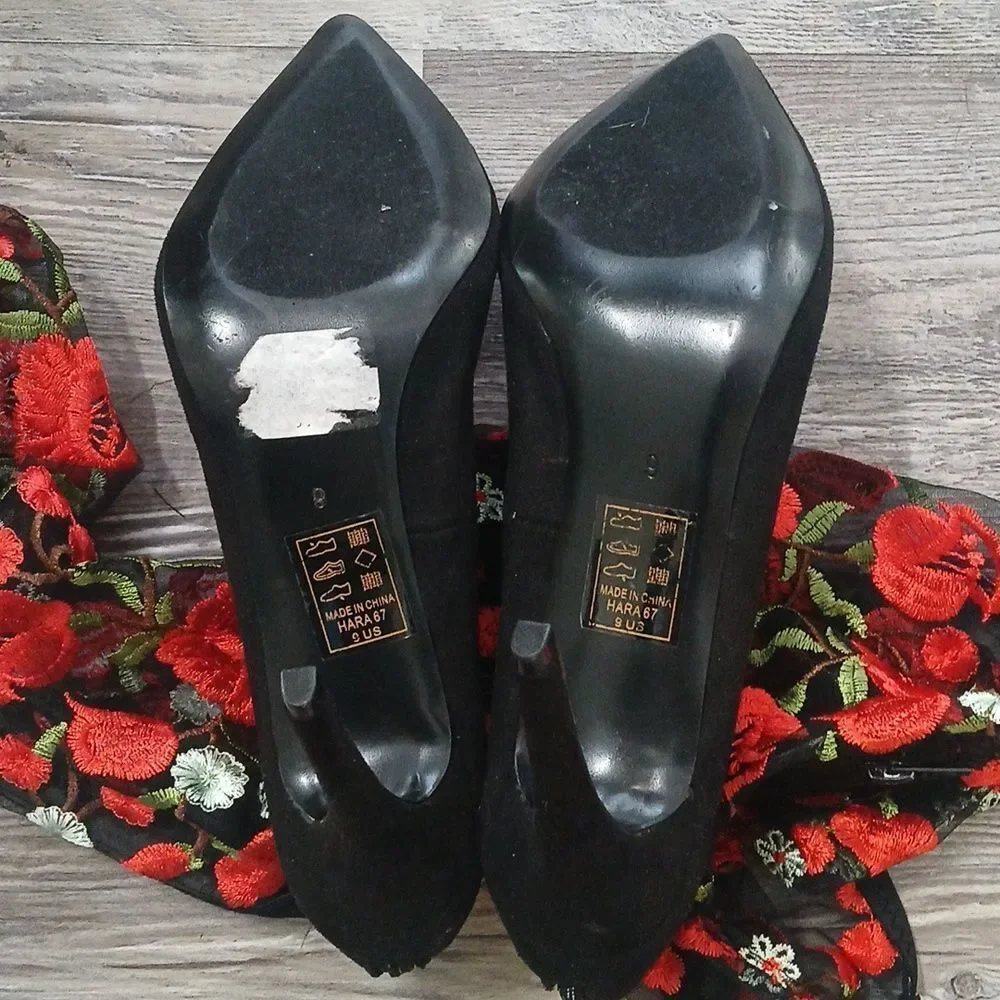 Design for Jacobies over the knee red black floral heeled boots  Sz 9 NWOT